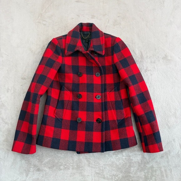 J.Crew Double Breasted Pea Coat Jacket in Red Buffalo Plaid 100% Wool Women 2 - Picture 5 of 12